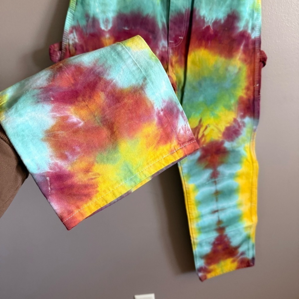 Upcycled Men's Rainbow Tie Dye Dickies Cargo Painter Jeans 30x30 Festival Rave - Picture 4 of 11